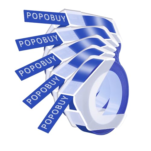 POPOBUY 5 Pack Embossing Label 1/2 Inch A521206 Compatible for DYMO 3D Plastic Emboss Tape 521206 White on Blue, 12mm x 3m for Office Mate II 1540 154000, MoTEX E101 E404 Label Makers
