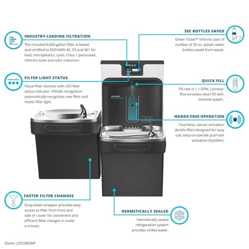 Image of Elkay LZSTL8WSMP ezH2O Enhanced Filtered Bottle Filling Station w /Fountain | Bi-level, NSF Certified, Reduces Lead & Microplastics, ADA Compliant, Midnight Black, Refrigerated