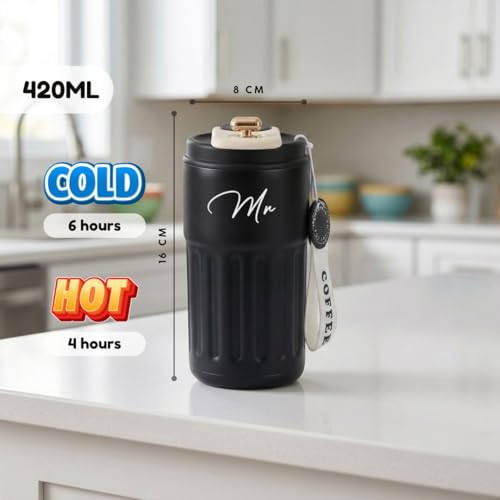Image of Giftana Mr and Mrs Coffee Tumbler Set of 2, Premium Travel Mug Gift Set, 420ml Black & White Tumblers for Couples, Newlyweds, Husband & Wife, Bridal Shower, Wedding, Anniversary and Engagement Gifts