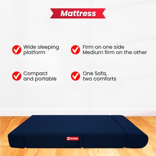 Image of CELLBELL Comfy Sofa Cum Bed 5x6.5 Feet | Foldable Dual Use Couch Bed with Soft Cushions, Washable Fabric Cover & Sturdy Frame | Space Saving Modern Design for Living Room, Bedroom Use (Navy Blue)