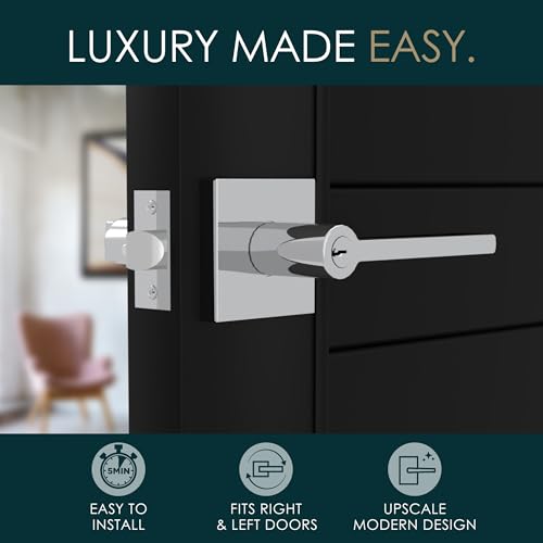 Image of Mega Handles - Prime Entrance Handle, Entry Lever Door Handle, Heavy Duty Square Locking Lever Set for Left or Right-Handed Doors, Interior /Exterior Door Levers - Polished Chrome