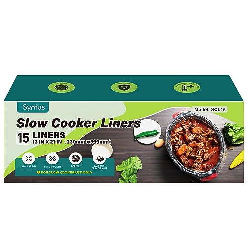 Syntus Slow Cooker Liners, 15 Count Cooking Bags Large Size Disposable Pot Liners Plastic Bags, Fit 3QT to 8QT for Slow Cooker Cooking Trays, 13