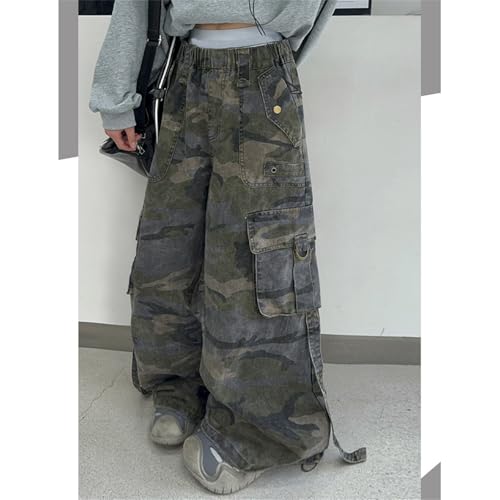 Girls Casual Cargo Pants Wide Leg Camouflage Painting High Waist Baggy Floor Length Parachute Pants with Girl Pants Set3