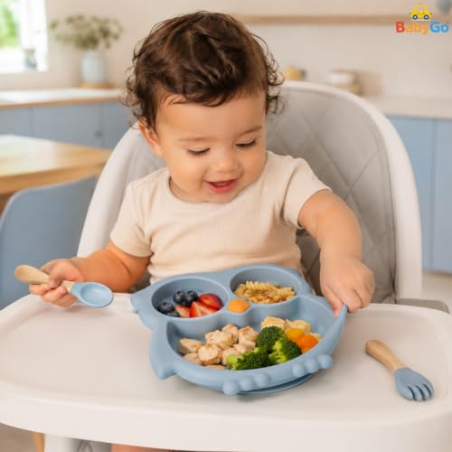 Image of BabyGo Silicone Suction Plate for Babies & Toddlers | 3-Section Owl-Shaped Feeding Set | Strong Suction Cups | BPA-Free, Microwave Safe | Self-Feeding| 1 Plate & 2 Spoons | Blue