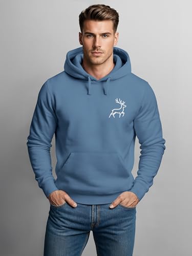 Neverless® Hoodie Herren Print Aufdruck Hirsch Wald-Tiere Kapuzen-Pullover Männer Outdoor Fashion Streetstyle Indigo-Blue XL