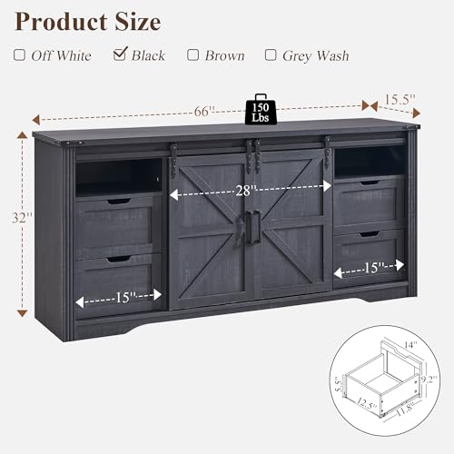 Image of Farmhouse 66 inchTV Stand for 75+ Inch TV, 32 inchH w /4 Drawers & Sliding Barn Door | Entertainment Center, Rustic Media Console w /Storage Shelves, Wood Television Stand for Living Room, Black