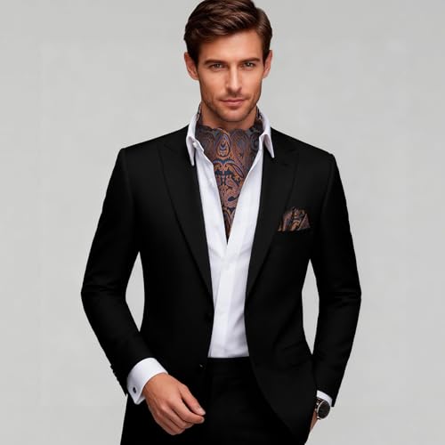 Image of Hi-Tie Silk Ascot for Men Self Tie Men's Cravat and Flower Lapel Pin Handkerchief Cufflinks Set for Wedding Party