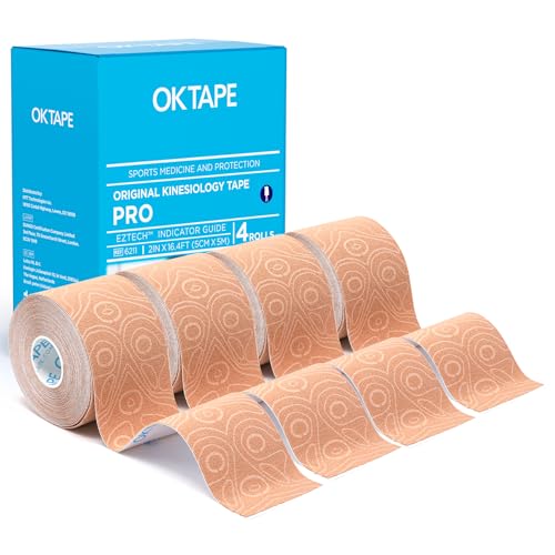 OK TAPE PRO Kinesiology Tape Uncut Roll, Elastic Physical Therapy Athletic Tape for Pain Relief, Muscle Support, Kinetic Tape, Water Resistant, 2in X 16.4ft -Beige 4 Pack