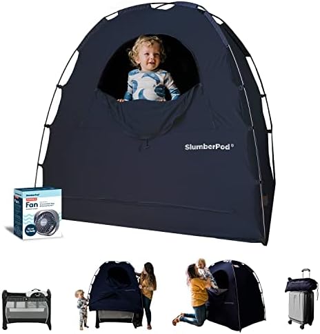 SlumberPod Portable Privacy Pod Blackout Canopy Crib Cover, Sleeping Space for Age 4 Months and Up with Monitor Pouch and Zipper, Blackout Cover, Travel Crib Canopy (Navy with Fan 3.0)