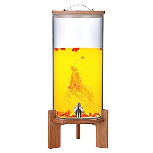 WYJRO Dispensador De Bebidas De Cristal,Dispensador De Bebidas De Vidrio Botella con Grifo Soporte Y Tapa De Madera para Bebida Caliente O Fría - Garrafa De Agua,Faucet+Base,10L