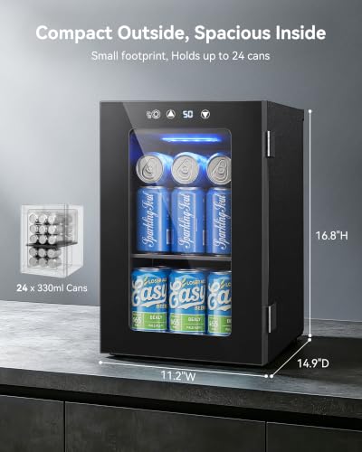 Image of 24 Can Beverage Refrigerator, Countertop Mini Fridge with Glass Door, Black | 40-61F, Compressor Cooling, Quiet Operation, 360 Air Circulation, Removable Shelf, Fits Bedroom, Office, Dorm, Home Bar