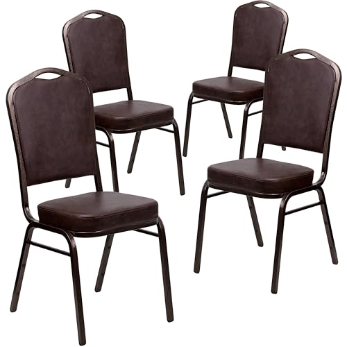 Flash Furniture 4 Pack HERCULES Series Crown Back Stacking Banquet Chair in Brown Vinyl - Copper Vein Frame