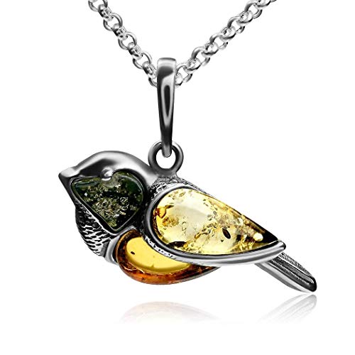 Multicolor Amber Sterling Silver Bullfinch Bird Pendant Necklace Chain 18