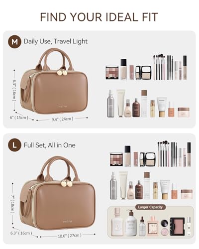 Prite Makeup Bag for Women, Large Capacity Waterproof Travel Cosmetic Organizer, Portable Open Flat Toiletry Bag with Free-standing Brush Holder and Handle(Brown Large)2