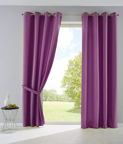 Gardinenbox Lot de 2 Rideaux Palermo Opaques avec œillets et embrasses, Couleur Violet - 245 x 140 cm - 10000265-2