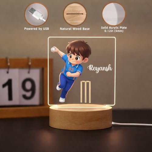 Image of SNAPTRAP LED Name Light Customized | Personalized Cricket Acrylic Lamp for Boys, Kids & Men | Custom Name Cricket Night Light | One Day & Test Cricket Jersey Designs | USB Room Decor Gift