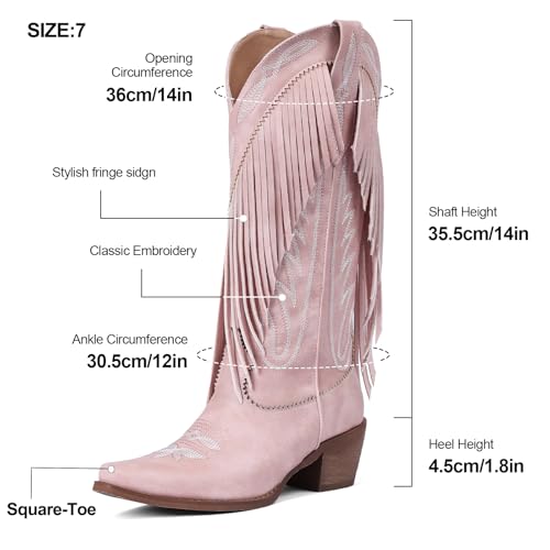 Image of Cowgirl Boots Women Retro Pull On Block Chunky Suede Fringe Cowboy Boots | Pointed Toe,Concert Outfits Knee High Western Boot, Country Boots,Tall Boot for ladies Party concert