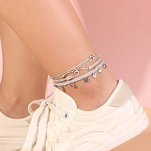 Image of Waterproof String Anklets Cute Beaded Ankle Bracelets Beach Wave Anklet Stainless Steel Coin Boho Ankle Jewelry for Women