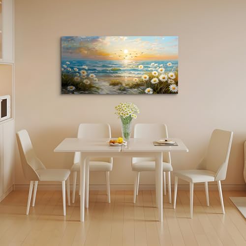 SERIMINO Large Canvas Wall Art Prints, Ocean Sunset Landscape Canvas Prints Paintings, Coastal Daisy Paintings Decor, Seaside Wildflowers Wall Decor for Bedroom Living Room Dining Room 24"X48"