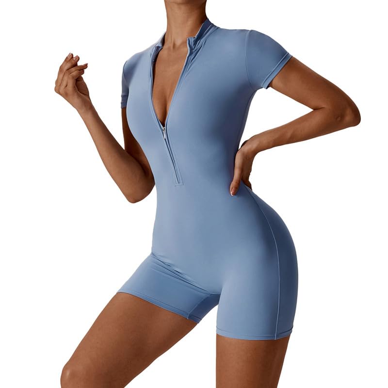 Litthing Femme Combinaison Courte de Sport, Sexy Tirette Moulante Vetement Bodysuit Manches Courtes Body Yoga Élastique Skinny Une Pièce Tenue d'entraînement Bodycon