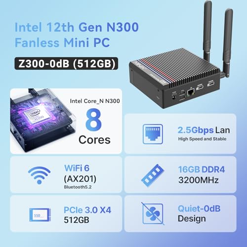Image of MINIX Fanless Mini PC, Intel 12th Gen N300, NEO Z300-0dB 16GB DDR4, 512GB M.2 PCIe x 4 SSD Micro Desktop Computer, 4K Dual Display /2.5G LAN, for Business Home Office Multi-Tasking