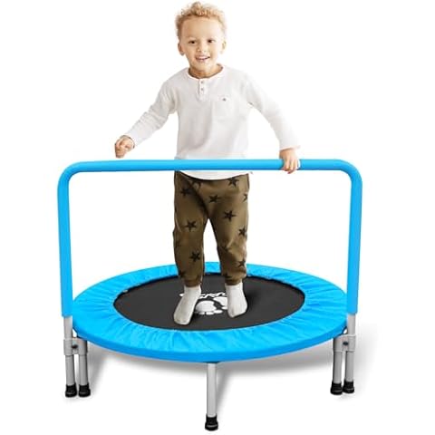 RAVS 36" Indoor Kids Trampoline for Toddler Updated Full Foam Covered Handle Foldable Small Trampoline Garden Outdoor Easy Quick Setup Blue Cover