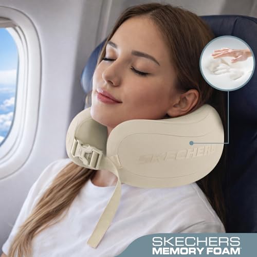 Image of Skechers Neck Pillow for Traveling,Memory Foam Travel Neck Pillow for Airplane Travel Pillow for Flight Headrest Sleep, Portable Plane Accessories,Beige