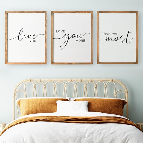 Set of 3 Love You More Sign I Love You Most Sign Wall Decor for bedroom room and living room (11x14 inches, Brown)