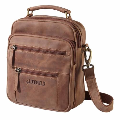 by LONGFIELD Rindsleder Herren-Tasche – Kleine Umhängetasche in echtem Wildleder-Look, 7 Fächer, Reißverschluss, Riemen/Tragegriff mit Metall-Elementen, Vintage Schultertasche, Braun