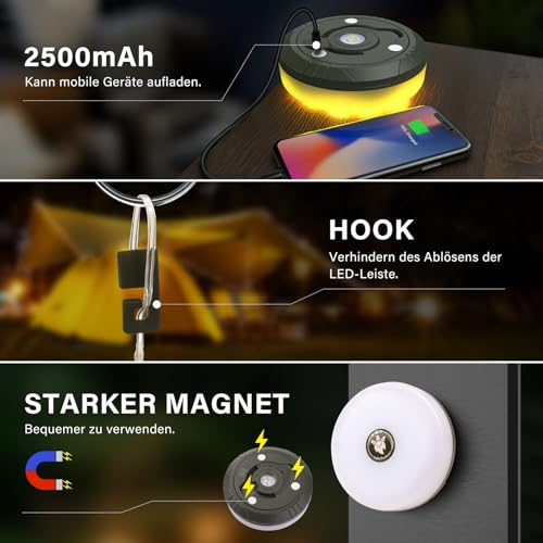 Camping Lichterkette Aufrollbar und Wasserdicht mit 8 Beleuchtungsmodi, Tragbare Wiederaufladbare LED Lichterkette Für Zelt Camping, Festival Zubehör, Deko Garten, Lichterkette Innen(10M)