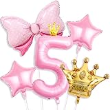 Princess 5th Birthday Party Decorations, 40 Inch Pink Number 5 Balloon Bow Balloons Gold Crown Balloons for Princess Theme Birthday Baby Shower Decorations