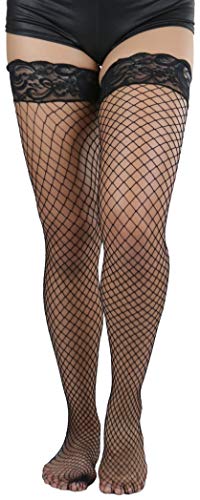 Image of ToBeInStyle Women's Wide Floral Lace Fishnet Thigh Hi Stockings
