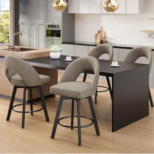 Image of YaFiti 24 inch Counter Height Swivel Bar Stools Set of 3, Oatmeal | Swivel Bar Stools with Ergonomic Curved Back, Fabric Upholstered Seat and Solid Wood Legs for Kitchen Island