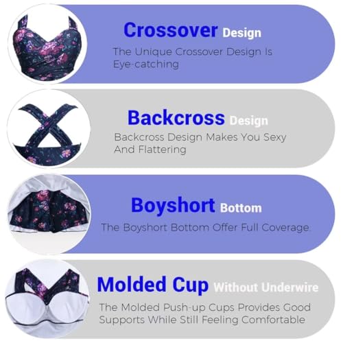 COCOPEAR Women's Elegant Crossover One Piece Swimdress Floral Skirted Swimsuit Matt Black 3XL/16-184