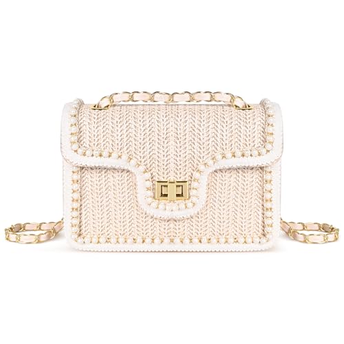 Straw Crossbody Bags for Women Summer Pearl Straw Clutch Purse Woven Shoulder Bag Vacation Handbags