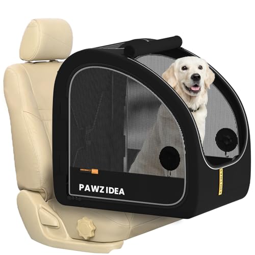 PAWZIDEA Portable Dog Crate for Car Travel, Collapsible Pet Travel Crates for Medium & Large Dogs, Enclosed Soft-Sided Car Kennel Carrier for Backseat, Secures w/Seatbelt & Headrest Strap, Chew-Proof