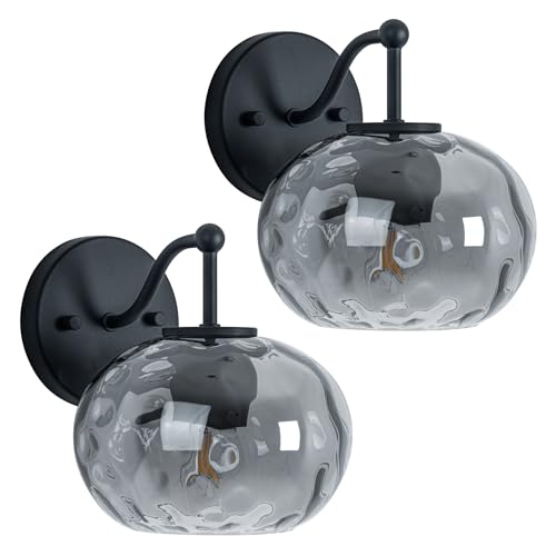 Image of Modern Iridescent Glass Wall Sconce Matte Black Wall Light Set of 2 Hammered Smoked Glass Vanity Light for Bedroom Hallway Living Room Stairwell Bathroom Over Mirror