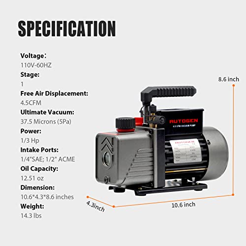 Autogen Single-Stage 4.5Cfm Vacuum Pump, 1/3Hp 5Pa 110V Air Vacuum Pump For R12 R22 R134A R410A, Rotary Vane Vacuum Pump For Hvac/Auto Ac Refrigerant Recharging, Degassing Wine, Milking Cow #TOP6
