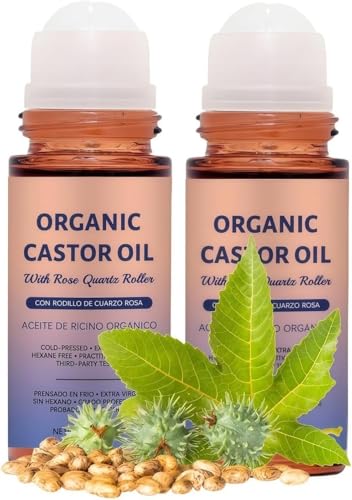 Organic Castor Oil Rose Quartz Roller Ball 100% Pure Cold-Pressed Organic Castor Oil Roller Ball Hexane-Free Natural Ingredients Amber Glass Bottle for All Skin Types 1.7oz (2 Bottle)