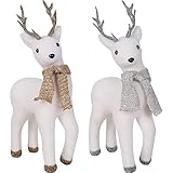 Lulu Home Christmas Tabletop Ornaments, Set of 2 Flocking White Standing Reindeer Figurines with Glittered Antler and Feet, Xmas Holiday Winter Mantle Shelf Centerpieces Decoration, Golden & Silver