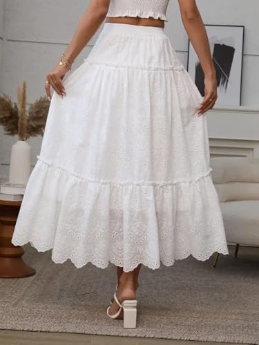 Women's Casual Skirts Summer 2025 Lace Embroidery Eyelet Elastic Waist Flowy Tiered A-Line Beach Maxi Boho Skirt2
