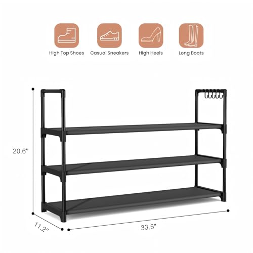 Image of VILICK Shoe Rack for Closet Shoe Organizer Space Saver Storage for 12-15 Pair Shoe Shelf with Hook Free Standing 3 Tier Shoe Rack Organizer for Entryway, Small Spaces, Black