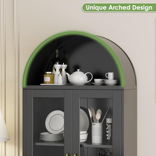 Image of 73 inch Metal Arched Display Cabinet with Glass Doors and Lock | Black steel curio bookcase with 2 adjustable shelves for books, collectibles, and decor; assembly required.