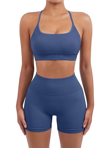 Image of SUUKSESS Women Seamless Workout Sets Strappy Sports Bra High Waist Booty Shorts Outfits