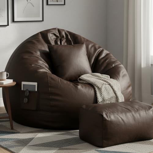 Image of Luxury 5XL Jumbo Bean Bag with Footrest & Cushion | Premium Leatherette | High-Density Beans Filled | Heavy Duty Double Stitch | 6 Months Warranty Color- (Navy Blue) (Dark Brown)