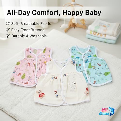 Image of Lil' Shark Muslin Cotton Frock Jhabla Set for Newborn Baby Girls | Sleeveless Vests | Summer Baby Dress 0-12 Months | Breathable Clothes | Assorted Prints