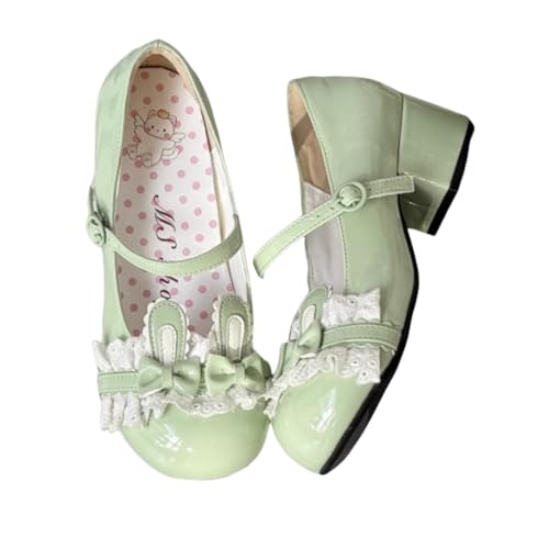 ZQW Cute Bow Bunny Ear Lace Mary Jane Pumps for Women Kawaii Low Block Heel Shoes Comfort Lolita Fashion Cosplay Costume
