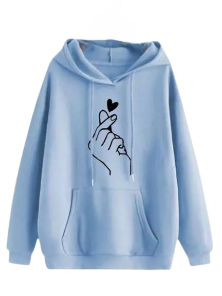 drijha Light Blue Oversized Hoodie for Women with Korean Finger Heart Print | Trendy Pullover Sweatshirt with Pocket & Hood | Casual Fashion for Girls Teens-picture-50