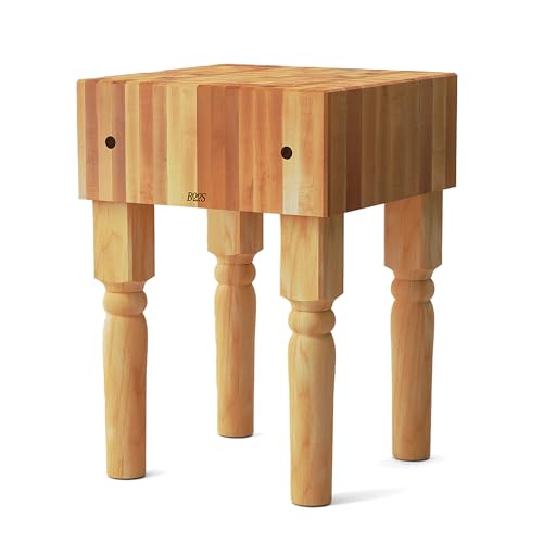John Boos AB Series Square Wooden Maple Cutting Board 18”x18”x34” – 10” Thick, 135-lb Non-Reversible Butcher Block with Legs & End-Grain