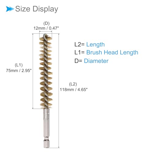 Image of Bore Brush, 12mm Dia 75mm Length, Brass Twisted Cleaning Wire Brushes with 1 /4 inch Hex Shank - (Applications: for Power Drill), 2-Pieces